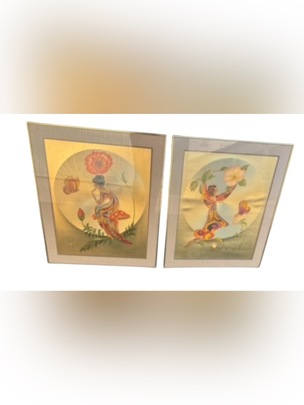 Vintage Pair Michele Emblem Mid Century Foil Poppy Nymph Paintings x2 pcs Signed